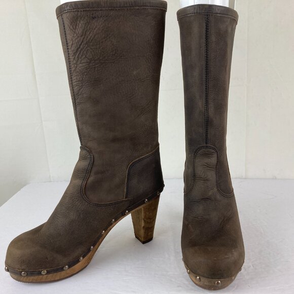 Sanita Womens sz 8 eu 39 Brown Leather Block Heel Mid Calf Studded Boots - Picture 4 of 9